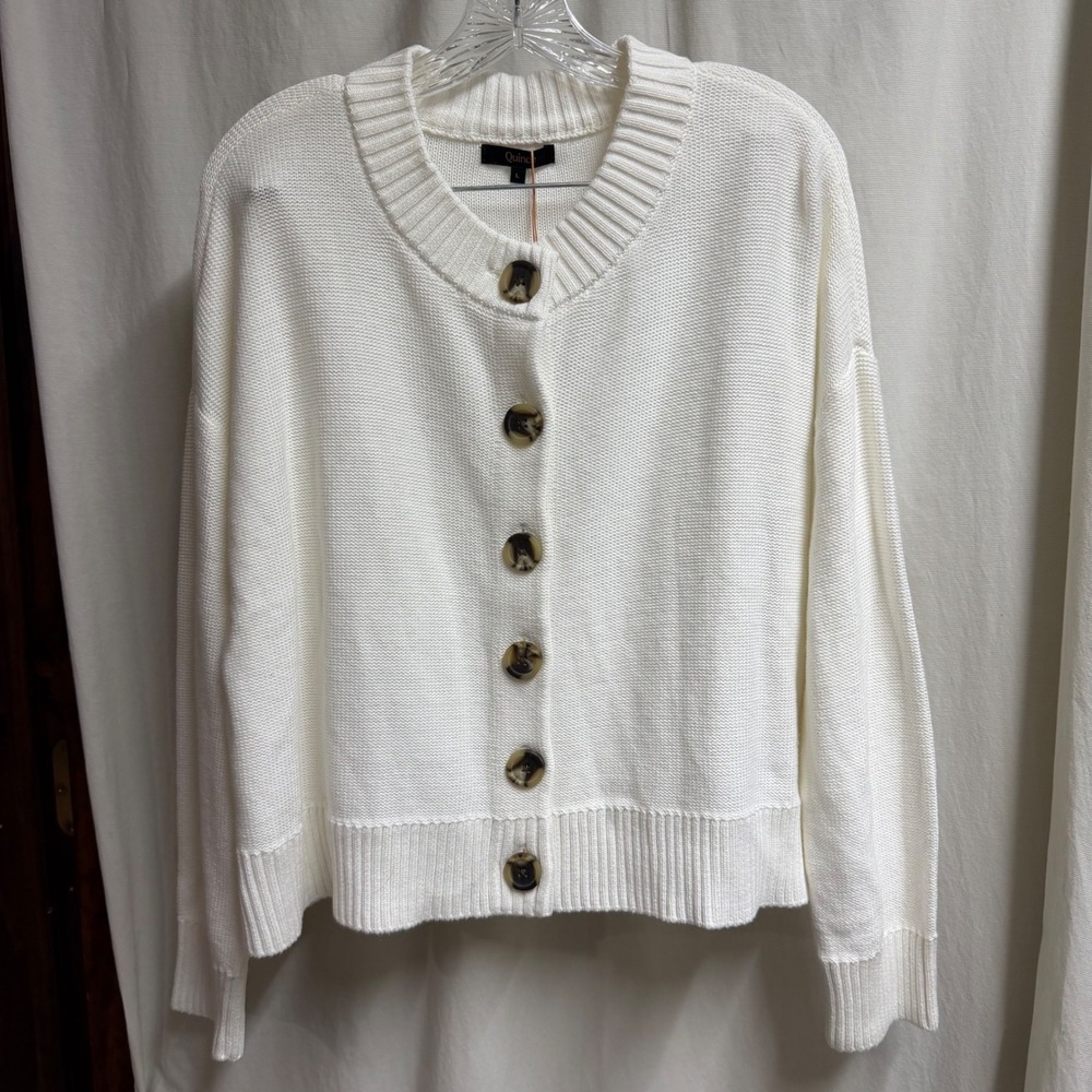 NWT Quince Women White 100% Organic Cotton Crew Neck Button Cardigan Large